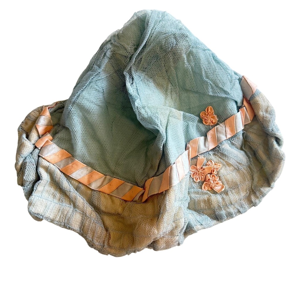 Antique 1920s Boudoir Cap Blue Net Silk Ribbonwork Flowers Flapper Bed Bonnet